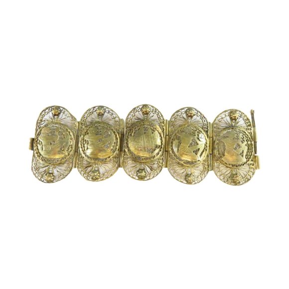 Egyptian Revival Vermeil Filigree Panel Cuff Bracelet - 2 3/8" x 7" - Picture 1 of 13